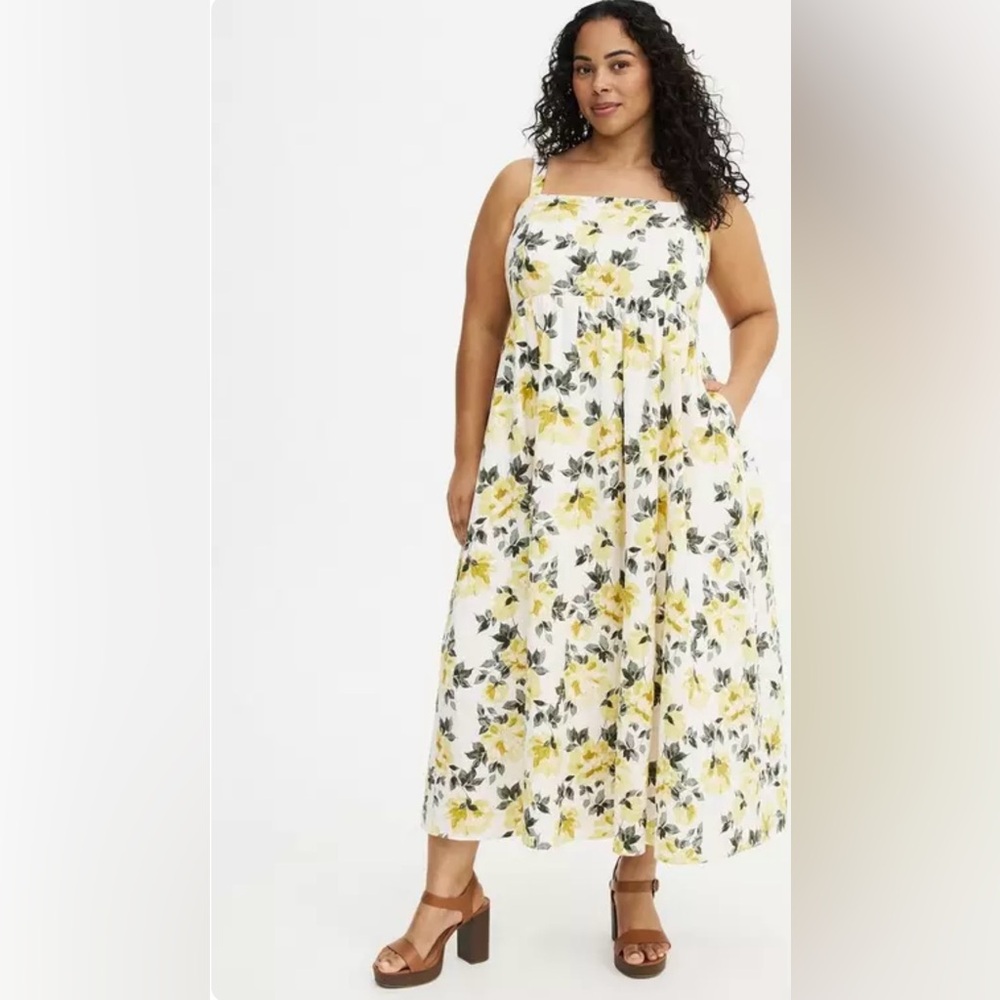 Torrid Ivory Floral Challis Midi Skater Sleeveless Dress - Picture 2 of 9